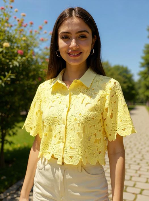 Sunshine Bloom Crochet Cropped Shirt